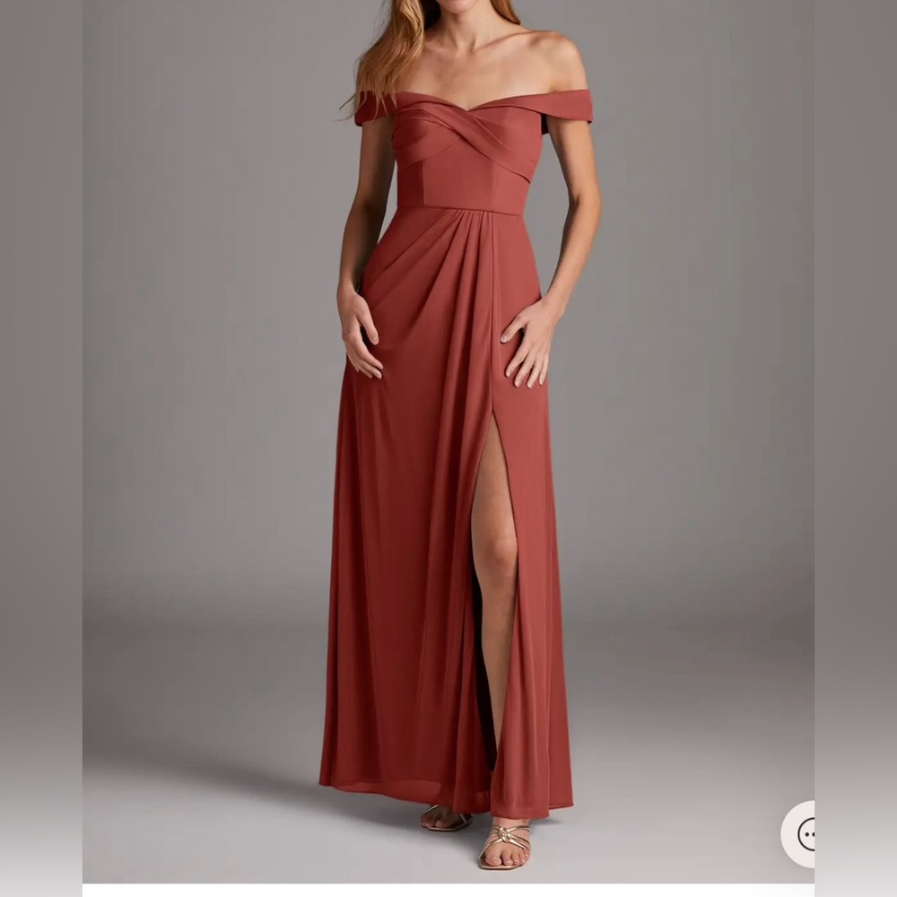 Azazie Terracotta Elegant Off-Shoulder Rust Mesh Bridesmaid Dress